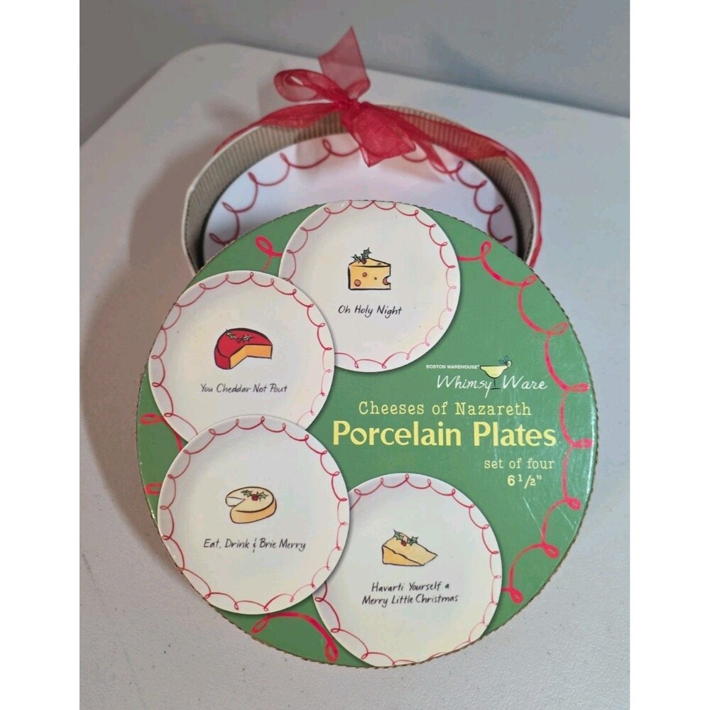 Boston Warehouse Dessert Plates Four 6.5" Whimsy Cheeses Nazareth Christmas 4